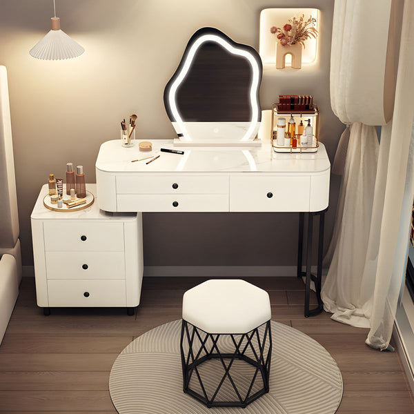 Contemporary Lighted Mirror Makeup Vanity Desk White Vanity Dressing Table Set with chair- Wooden Bazar