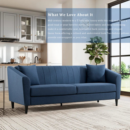 Giggy Upholstered Sofa With Channel Stitching With 2 Accent Pillows - Wooden Bazar