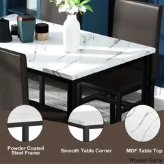 4 Seater Faux Marble Top Dining Set - Wooden Bazar