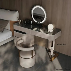 55.12’’Grey Minimalist Solid Wood Vanity Dressing Table With Lighted Mirror And Stool