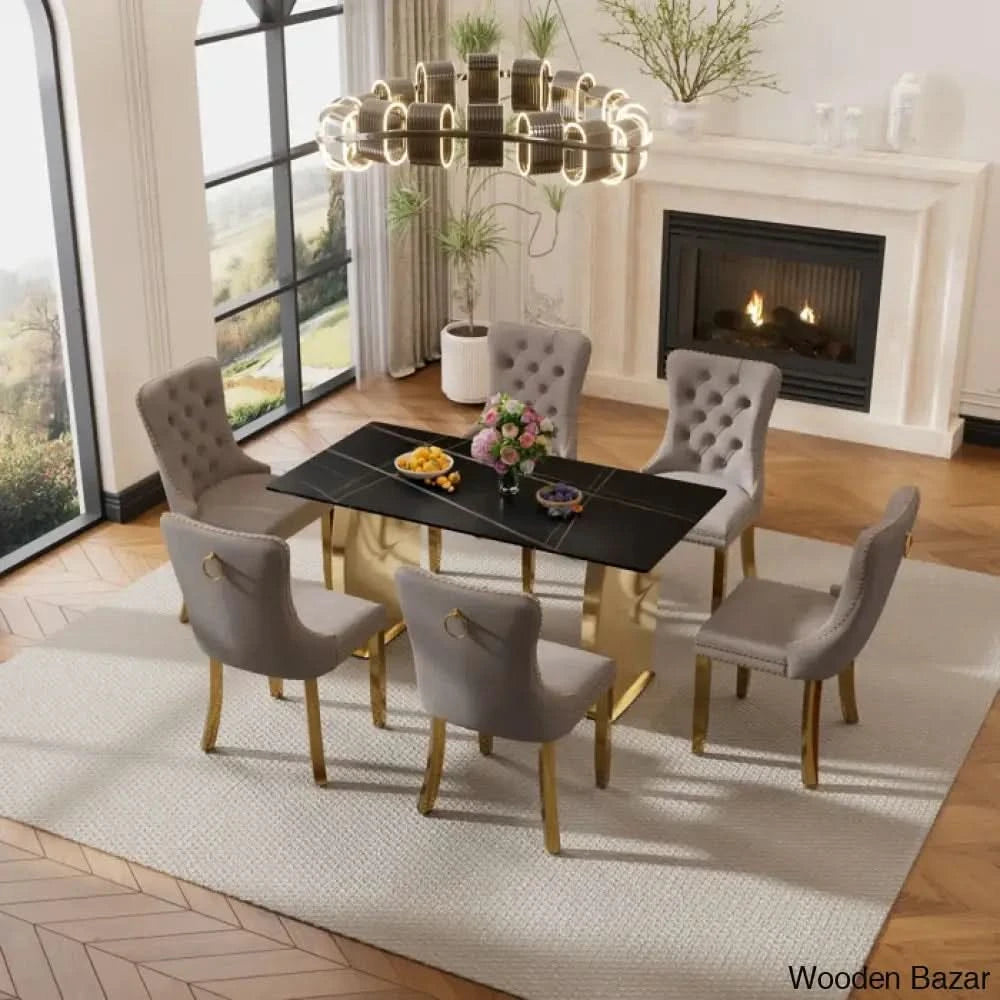 6 Seater New Stone Top Double Pedestal Dining Set