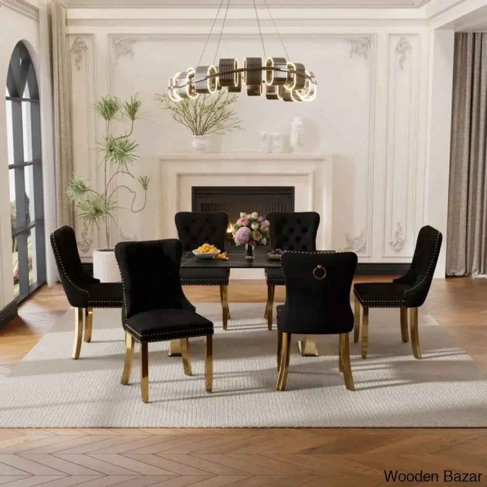 6 Seater New Stone Top Double Pedestal Dining Set Black