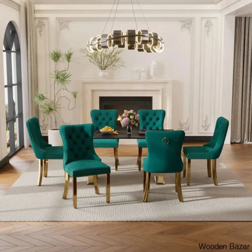 6 Seater New Stone Top Double Pedestal Dining Set Teal Green