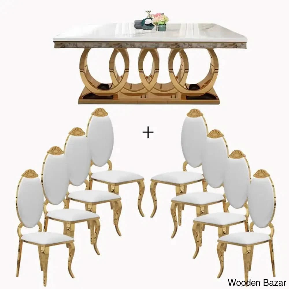 8 Seater Stylish Faux Marble Top Pedestal Dining Set