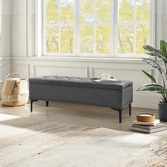 Linen Upholstered Storage Bench - Wooden Bazar