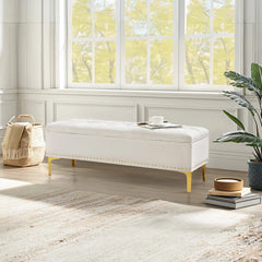 Linen Upholstered Storage Bench - Wooden Bazar