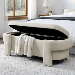 Oval Fabric Upholstered Storage Ottoman - Wooden Bazar