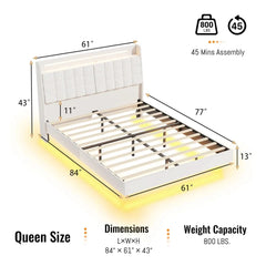 Floating Bed Frame with Storage Headboard, LED Bed Frame with Charging Station