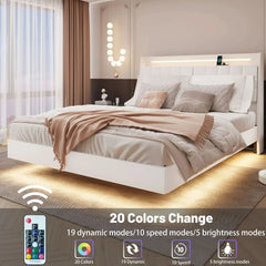 Floating Bed Frame with Storage Headboard, LED Bed Frame with Charging Station