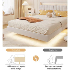 Floating Bed Frame with Storage Headboard, LED Bed Frame with Charging Station