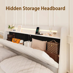 Floating Bed Frame with Storage Headboard, LED Bed Frame with Charging Station