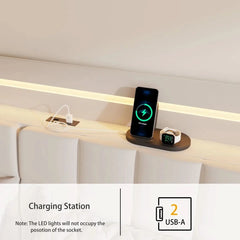 Floating Bed Frame with Storage Headboard, LED Bed Frame with Charging Station