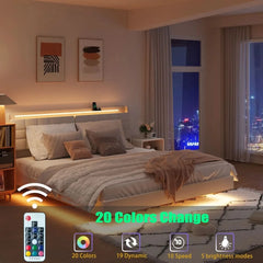 Floating Bed Frame with Storage Headboard, LED Bed Frame with Charging Station