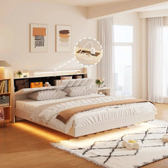 Floating Bed Frame with Storage Headboard, LED Bed Frame with Charging Station