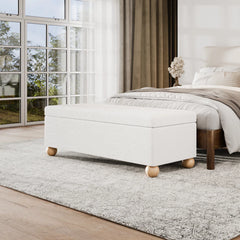 Boucle Storage Bench With Solid Wood Ball Feet - Wooden Bazar