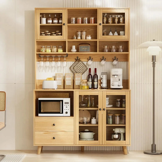 Smallex Kitchen Pantry With Glass Door And Microwave Shelf - Wooden Bazar