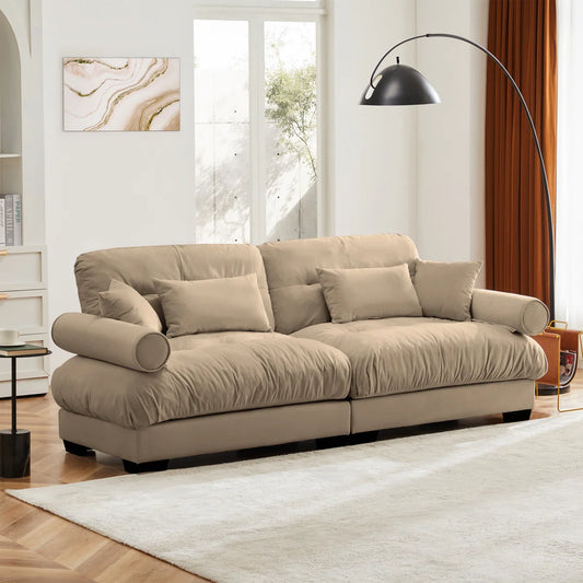Modern Large 2-Seater Velvet Sofa with Bolstered Armrests & Pillows