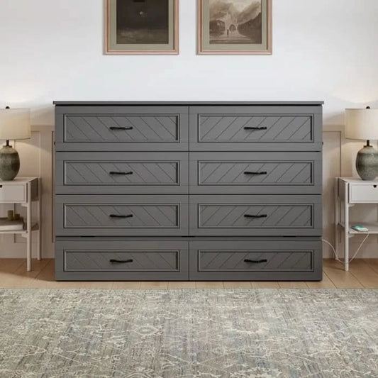 Senny Solid Wood Murphy Bed Desk with 6" Mattress and Built-in Charging Station