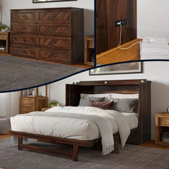Senny Solid Wood Murphy Bed Desk with 6" Mattress and Built-in Charging Station
