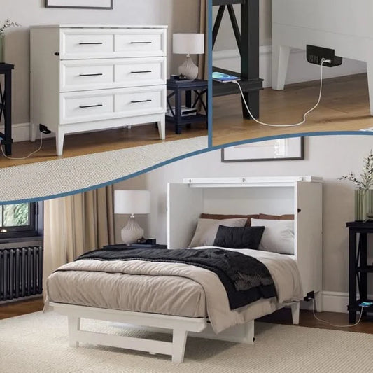 Solid Wood Murphy Bed Chest with 6" Mattress and Built-in Charger