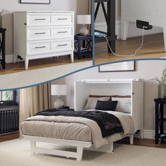 Solid Wood Murphy Bed Chest with 6" Mattress and Built-in Charger