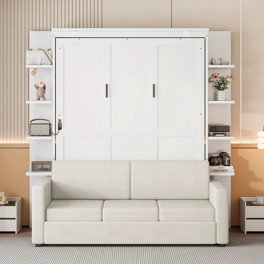 Linek Queen Size Murphy Bed Wall Bed with White Sofa - Wooden Bazar
