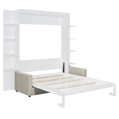 Linek Queen Size Murphy Bed Wall Bed with White Sofa - Wooden Bazar