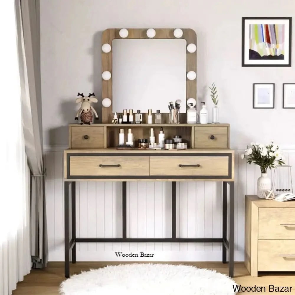 Abdulaleem Vanity Dressing Table With Lighted Mirror And Stool Brown
