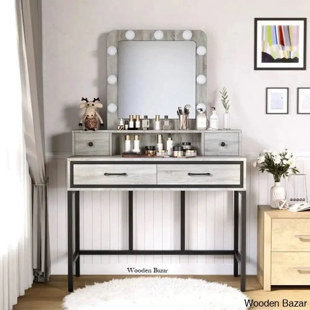 Abdulaleem Vanity Dressing Table With Lighted Mirror And Stool Light Gray