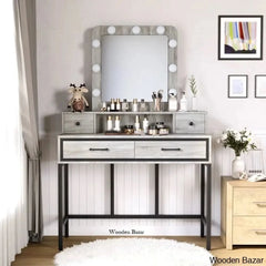 Abdulaleem Vanity Dressing Table With Lighted Mirror And Stool Light Gray