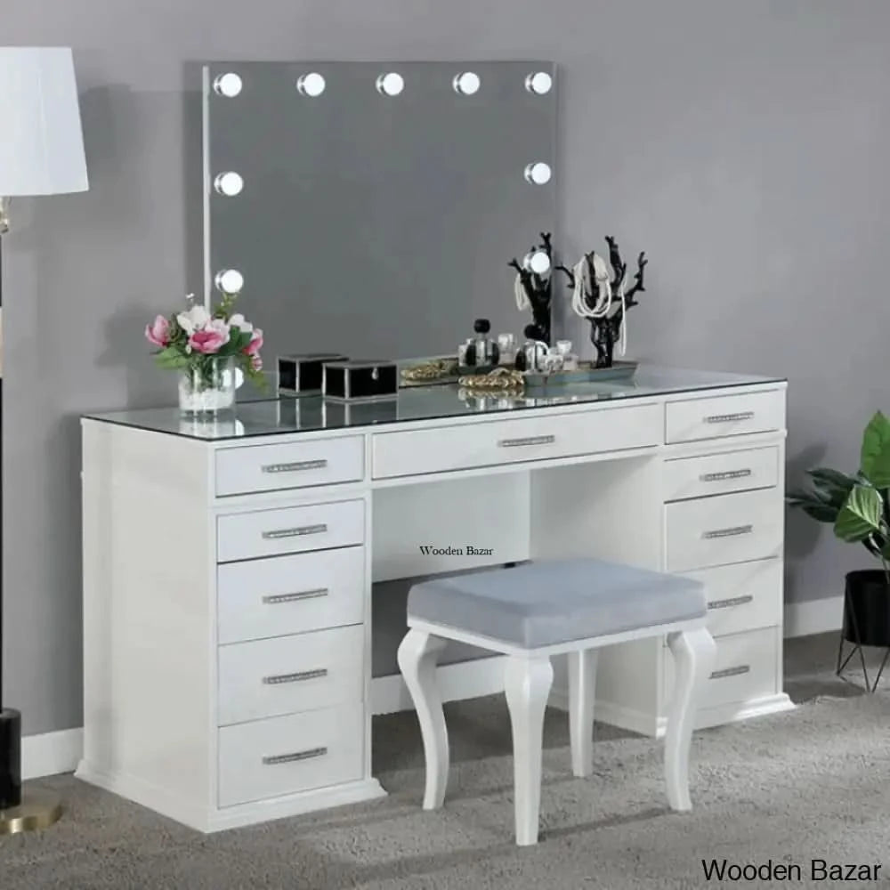 Addaly Vanity Dressing Table With Mirror Lights And Stool Luminous White