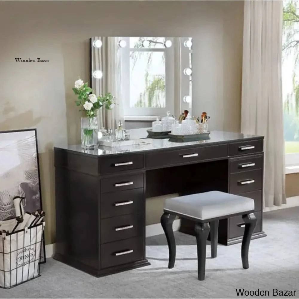 Addaly Vanity Dressing Table With Mirror Lights And Stool Obsidian Gray