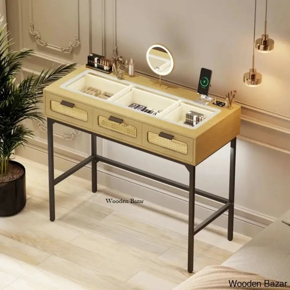 Ahlem 3 Drawer Vanity Dressing Table Dresser With Led Light Natural Wood