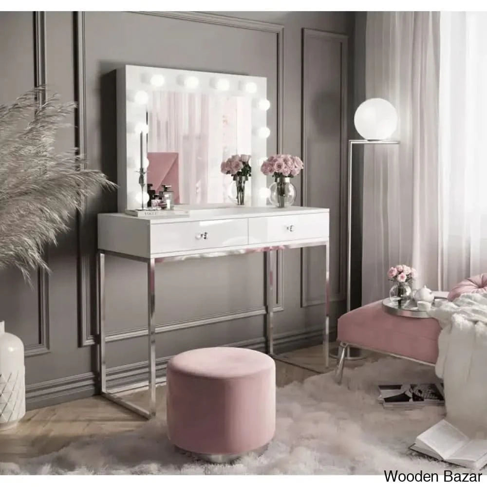 Alanoor White Stylish Dressing Table With Mirror - Wooden Bazar