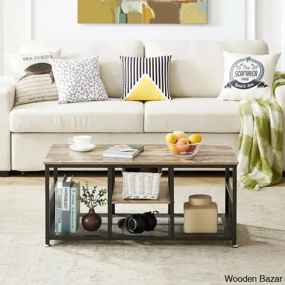 Alok Industrial Coffee And Center Table With Storage Shelf Cocktail Accent Furniture For Living Room