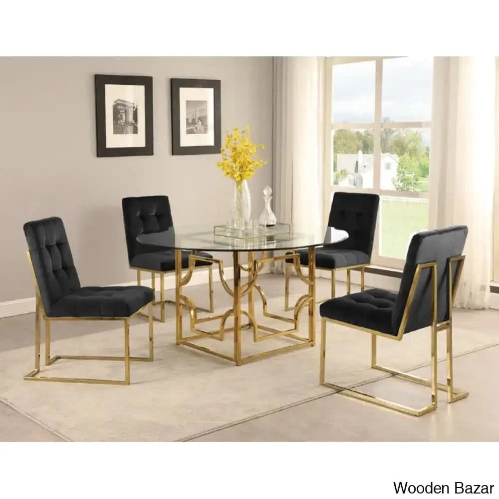 Anniey Royal 4 Seater Glass Top Pedestal Dining Set Black Gold