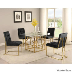 Anniey Royal 4 Seater Glass Top Pedestal Dining Set Black Gold