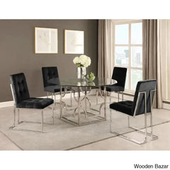Anniey Royal 4 Seater Glass Top Pedestal Dining Set Black Silver