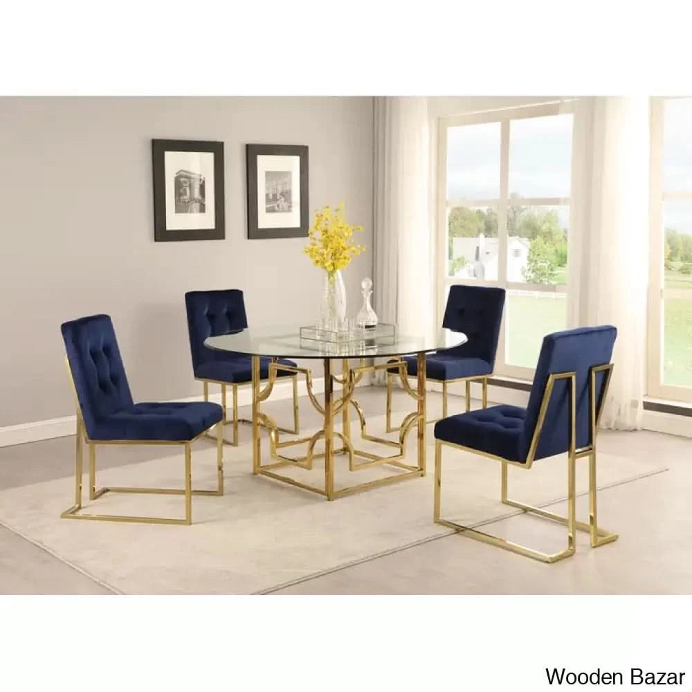 Anniey Royal 4 Seater Glass Top Pedestal Dining Set Blue Gold