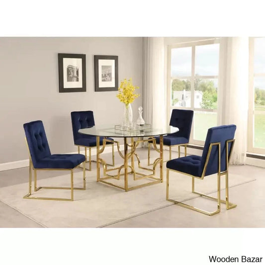 Anniey Royal 4 Seater Glass Top Pedestal Dining Set Blue Gold