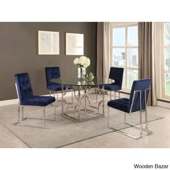 Anniey Royal 4 Seater Glass Top Pedestal Dining Set Blue Silver
