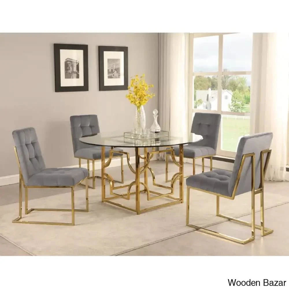 Anniey Royal 4 Seater Glass Top Pedestal Dining Set Gray Gold