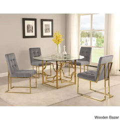 Anniey Royal 4 Seater Glass Top Pedestal Dining Set Gray Gold