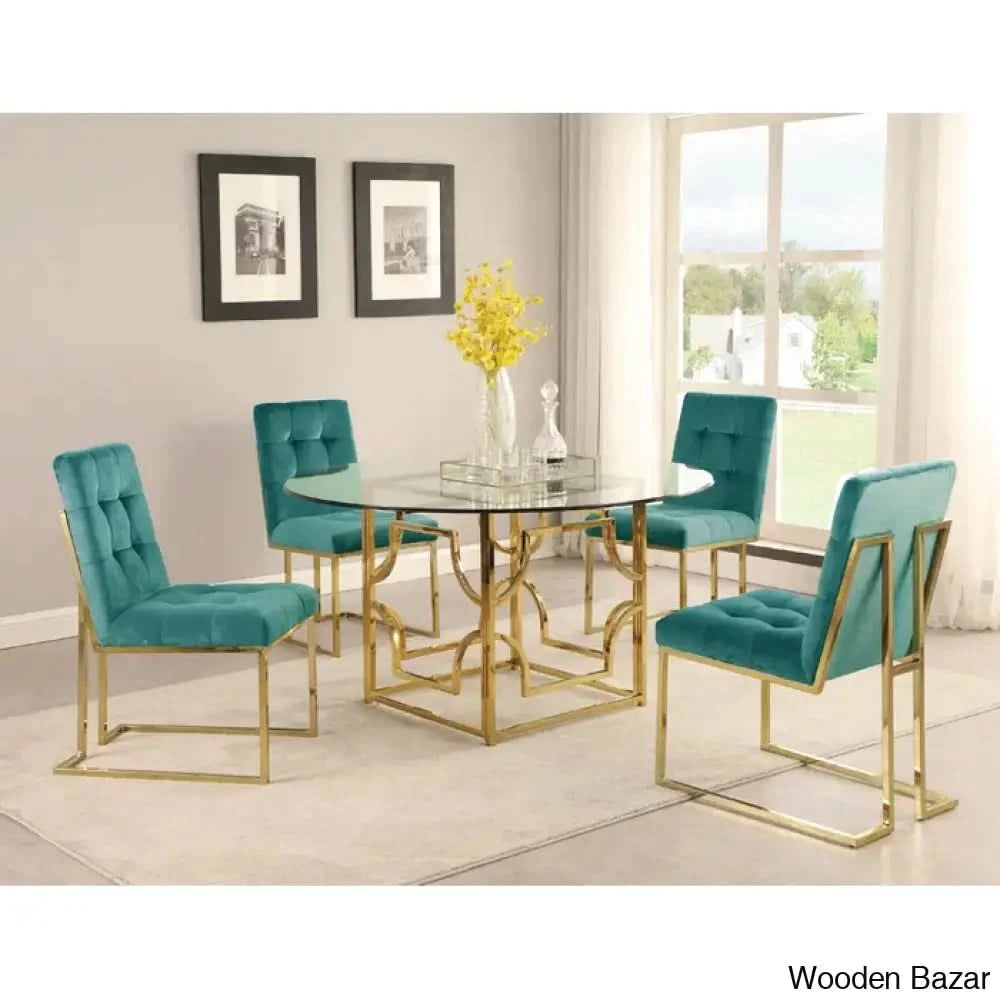 Anniey Royal 4 Seater Glass Top Pedestal Dining Set Green Gold