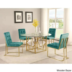 Anniey Royal 4 Seater Glass Top Pedestal Dining Set Green Gold
