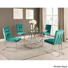 Anniey Royal 4 Seater Glass Top Pedestal Dining Set Green Silver