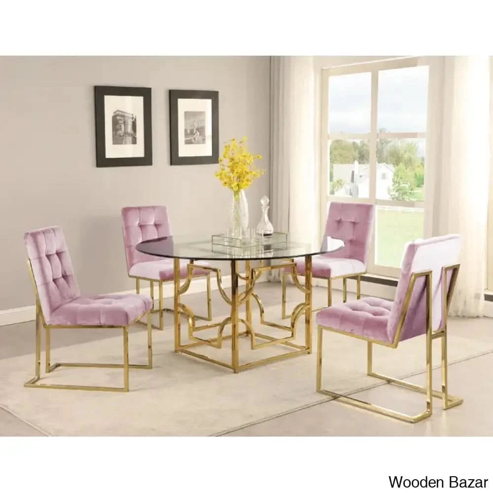 Anniey Royal 4 Seater Glass Top Pedestal Dining Set Pink Gold