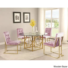 Anniey Royal 4 Seater Glass Top Pedestal Dining Set Pink Gold