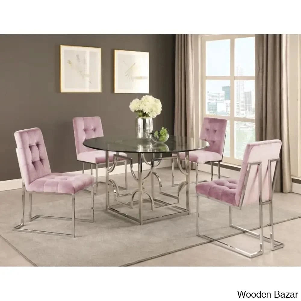 Anniey Royal 4 Seater Glass Top Pedestal Dining Set Pink Silver