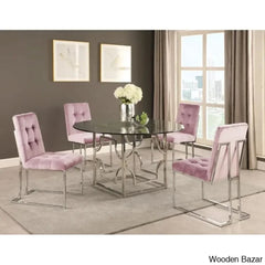 Anniey Royal 4 Seater Glass Top Pedestal Dining Set Pink Silver